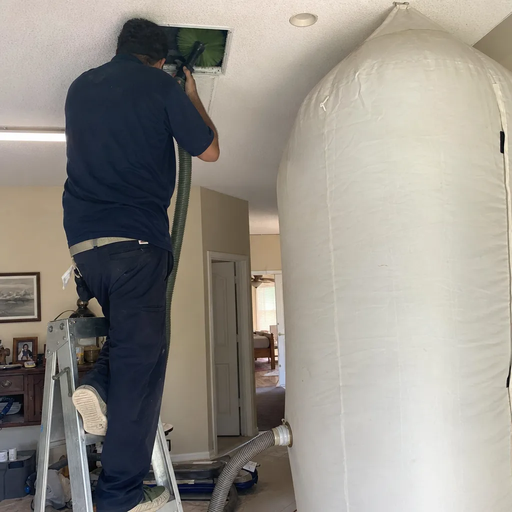 Technician using professional equipment for residential air duct cleaning