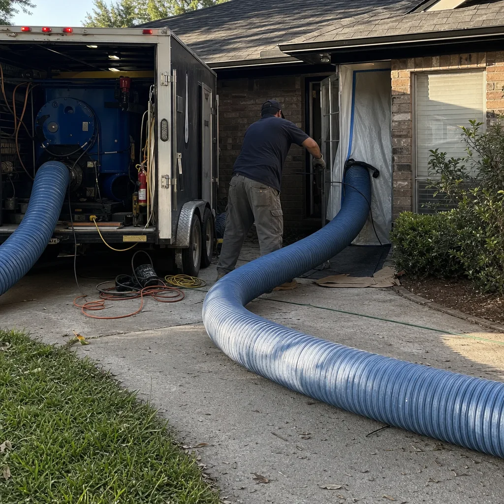 Technician using professional truck-mounted vacuum equipment for residential air duct cleaning