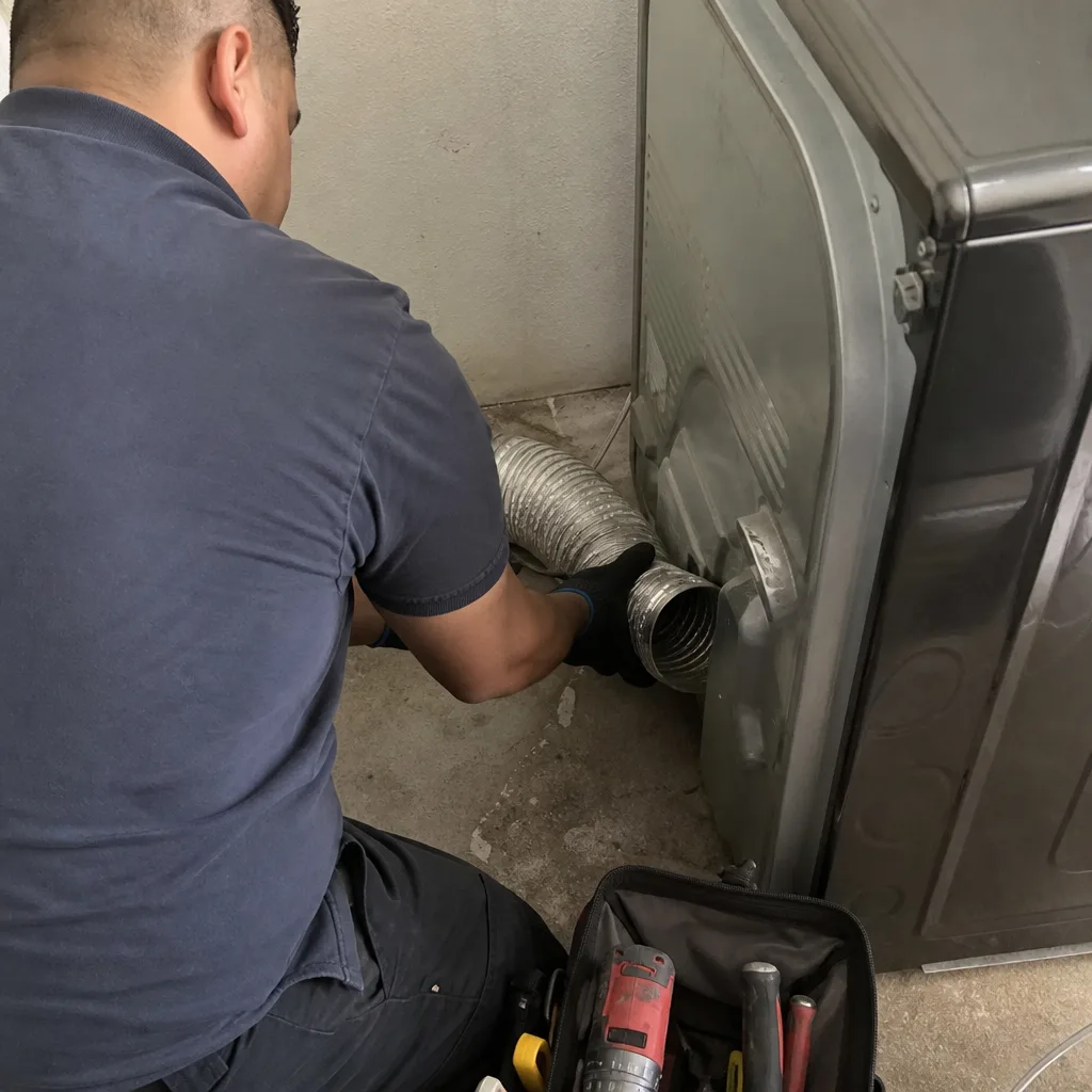 Technician connecting a metal dryer vent hose for professional maintenance service.