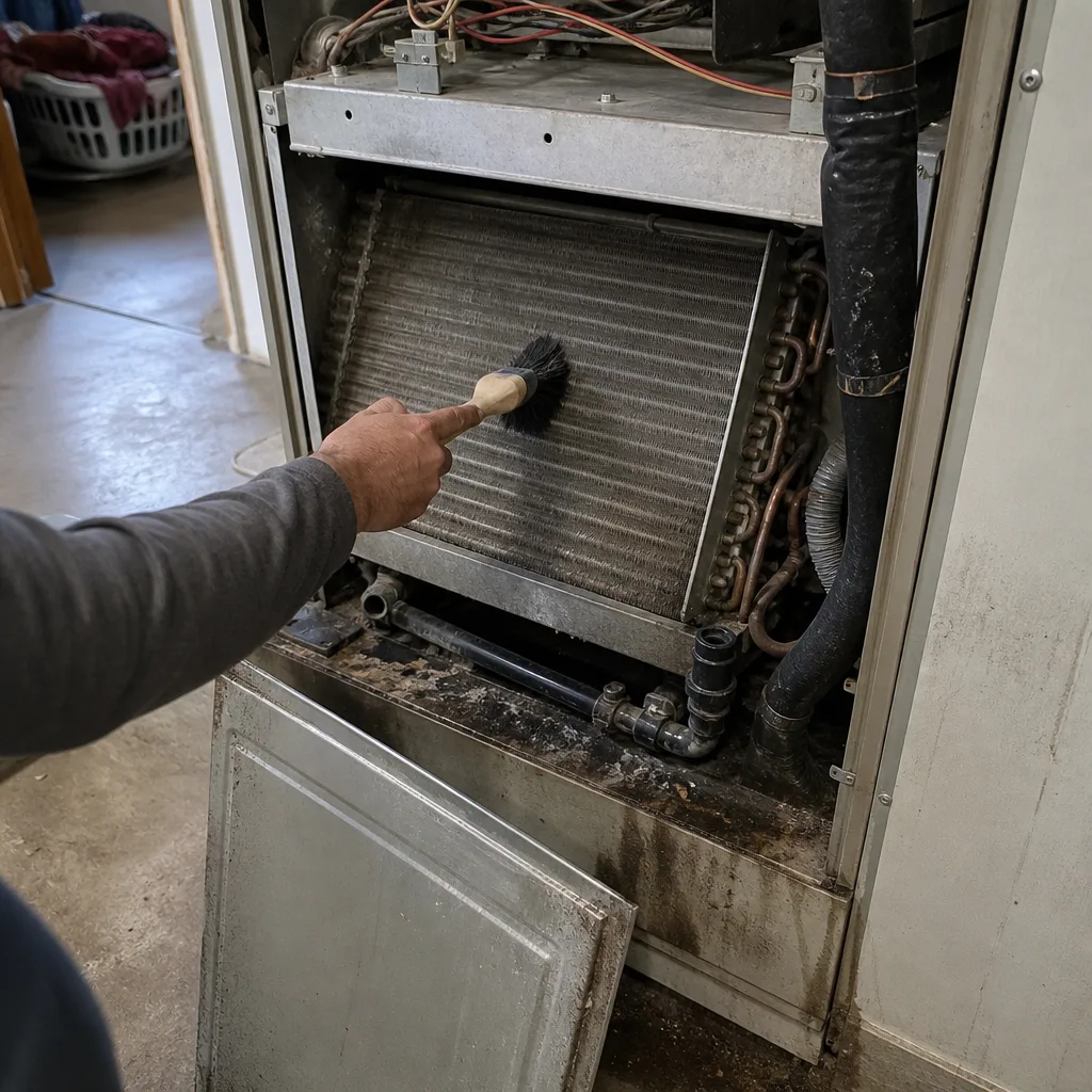 Technician cleaning residential HVAC evaporator coil with a brush